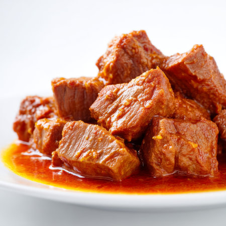 This vibrant image features tender beef cubes coated in a rich red sauce, elegantly served on a white plate, perfect for food lovers and chefs.の素材