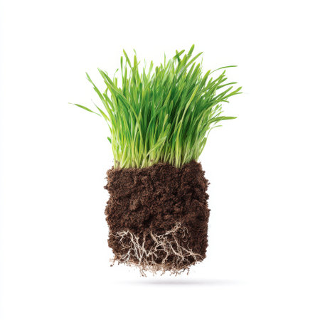 This image features fresh green grass with rich soil and visible roots, ideal for illustrating themes of nature, growth, and environmental sustainability.の素材