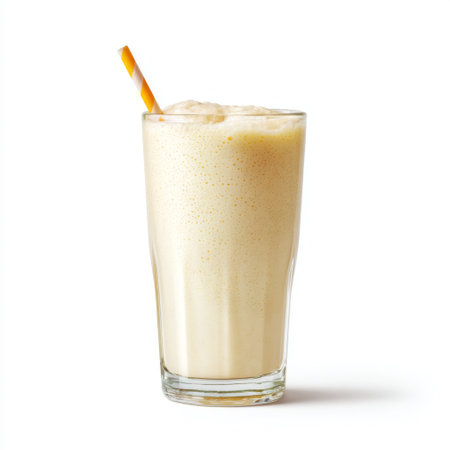 This image showcases a creamy vanilla shake served in a tall glass with a yellow straw, perfect for a refreshing treat on a hot day.の素材
