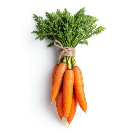 A vibrant bunch of fresh organic carrots with lush green tops tied together, perfect for promoting healthy eating, cooking ideas, and farm-to-table concepts.の素材