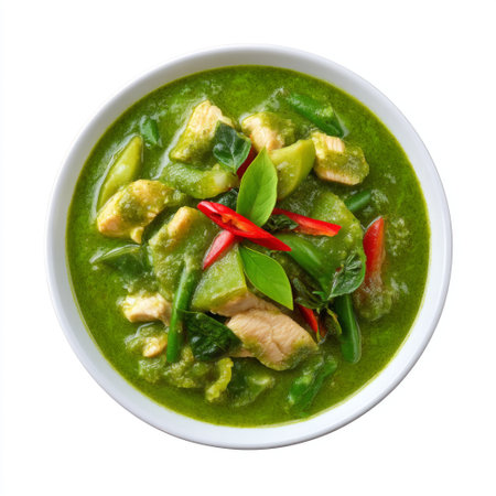 This image showcases a vibrant green curry dish featuring tender chicken pieces and fresh vegetables, beautifully garnished with herbs and peppers.の素材