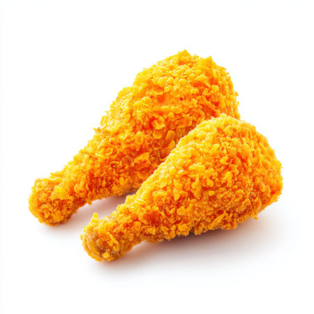 Two crispy fried chicken drumsticks showcasing a golden-brown coating against a clean white background. Perfect for food lovers or culinary creatives.の素材