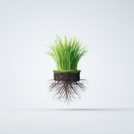 This striking image showcases vibrant grass with visible roots, floating in a clean, minimalistic space, symbolizing nature and sustainability.の素材