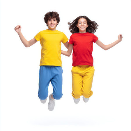 Two joyful children wearing colorful outfits leap in the air against a white background, expressing pure happiness and energetic playfulness.の素材