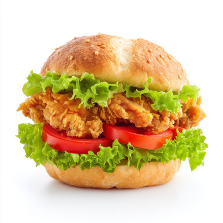 This image showcases a mouth-watering chicken sandwich featuring crispy chicken, fresh lettuce, and ripe tomato in a sesame seed bun. Ideal for food promotions.の素材