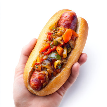 A hand holds a delicious hot dog topped with sautの素材
