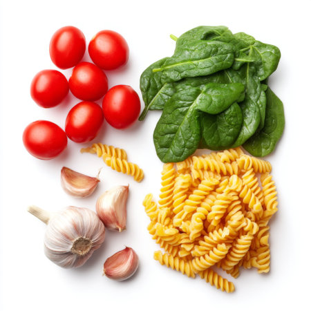 This vibrant arrangement showcases fresh tomatoes, spinach, garlic, and corkscrew pasta perfect for a healthy Mediterranean dish, ideal for food enthusiasts.の素材