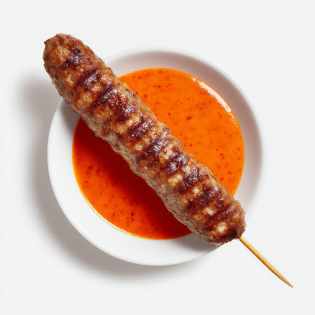 A delicious grilled meat skewer is artistically presented with a vibrant spicy sauce in a white bowl. Ideal for food photography, this dish showcases culinary creativity and flavor.の素材