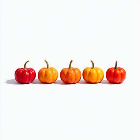 A visually striking arrangement of miniature pumpkins in vibrant red, orange, and yellow hues set against a pristine white background, perfect for seasonal decor.の素材
