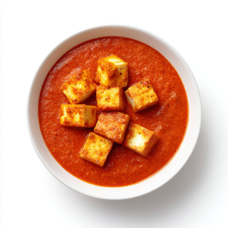 A vibrant bowl of paneer tikka masala featuring soft, golden paneer cubes in a rich and flavorful tomato sauce, perfect for any meal occasion.の素材