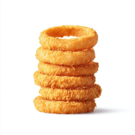 A vibrant stack of crispy golden onion rings showcases their delicious texture and flavor. Perfect for snacks, appetizers, or sharing at gatherings.の素材