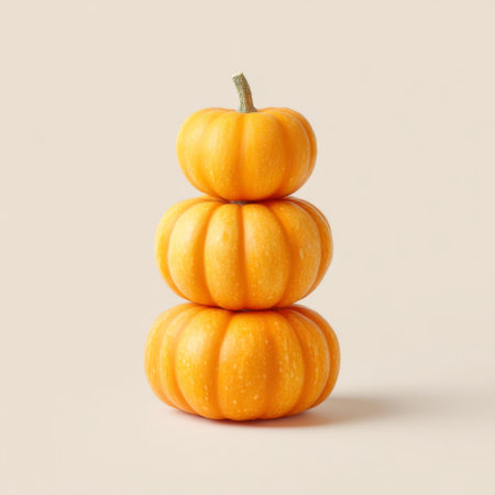A visually appealing arrangement of three stacked orange pumpkins on a soft beige background, perfect for autumn themes, seasonal decor, and harvest celebrations.の素材