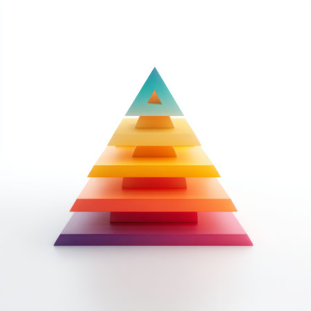 This vibrant geometric pyramid features layers of color gradients set against a clean white background, emphasizing modern design and creativity.の素材