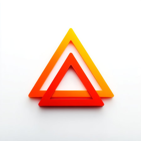 This image features a vibrant arrangement of colorful triangles stacked together, showcasing bright shades of orange, yellow, and red on a white background.の素材