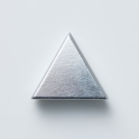 A silver triangular metallic object showcases a smooth surface on a light gray backdrop, emphasizing minimalistic design and contemporary aesthetics.の素材