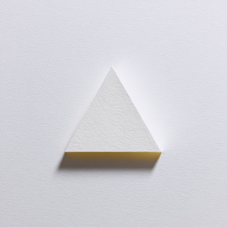 A striking white paper triangle resting on a clean white background, casting soft shadows, ideal for minimalist design projects and abstract art themes.の素材