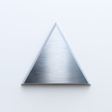 This image features a sleek metallic triangle with a brushed texture placed against a minimal white background, ideal for creative projects or modern design.の素材