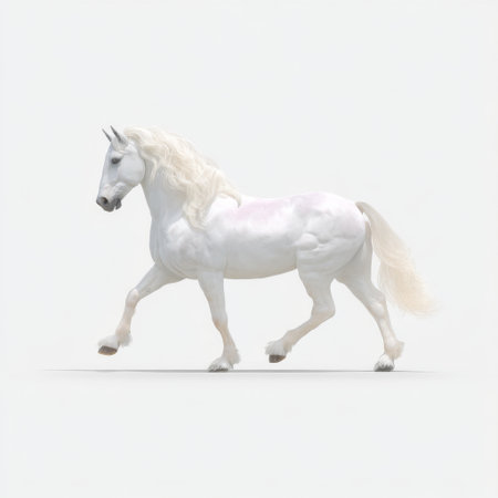 A stunning white horse gallops gracefully across a soft, minimalist background, embodying beauty and elegance in motion. The bright natural light highlights its pure form, creating a captivating image that evokes a sense of freedom and serenity.の素材