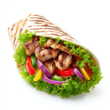 A delicious grilled chicken wrap filled with fresh lettuce, vibrant vegetables, and wrapped in a soft tortilla, ideal for health-conscious meals.の素材
