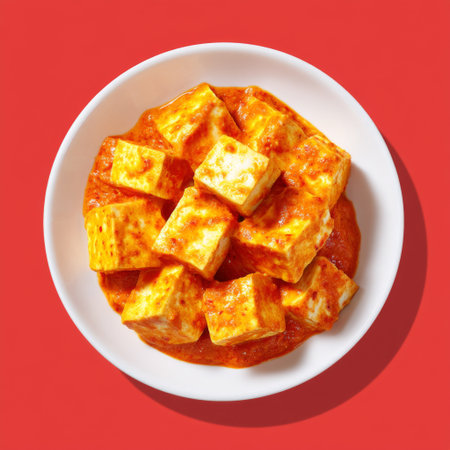 A captivating image of tofu cubes immersed in a spicy red sauce, served in a white dish against a bright red background. Perfect for food enthusiasts!の素材