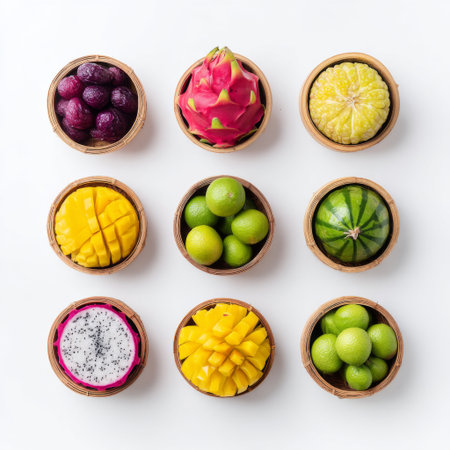 This vibrant arrangement of colorful tropical fruits in bamboo baskets showcases a variety of textures and shapes, promoting healthy eating choices.の素材
