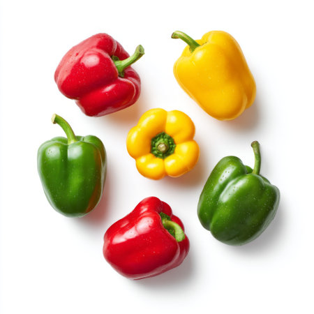 A vibrant collection of fresh bell peppers including red, yellow, and green varieties, perfect for healthy cooking and culinary inspiration.の素材