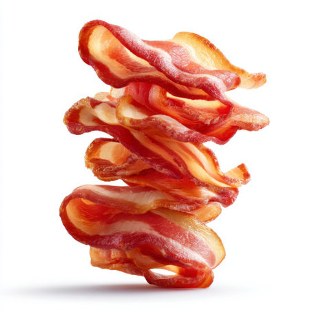 A stunning visual of crispy bacon strips elegantly stacked, showcasing a delectable arrangement perfect for food photography and culinary art.の素材