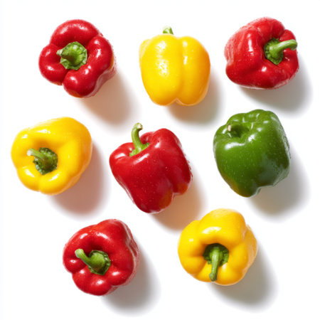 A vibrant collection of fresh bell peppers in red, yellow, and green tones arranged on a clean white background, perfect for food photography and culinary projects.の素材