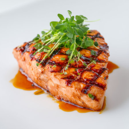 A beautifully presented grilled salmon fillet garnished with fresh microgreens and a savory glaze, perfect for gourmet dining experiences and healthy meals.の素材
