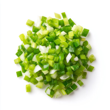 This image features a vibrant pile of freshly chopped green vegetables, ideal for cooking, garnishing, or healthy meal preparation.の素材