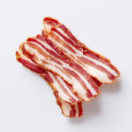 This image showcases freshly cooked bacon strips arranged on a white plate, highlighting their crispy edges and succulent texture, perfect for culinary delights.の素材