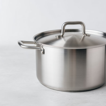 A sleek stainless steel cooking pot with a lid, ideal for various culinary tasks in both home and professional kitchens. The modern design enhances any cooking space.の素材
