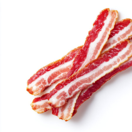 Brightly lit freshly cut bacon strips arranged on a clean white background, perfect for food photography and culinary inspiration for recipes and meals.の素材