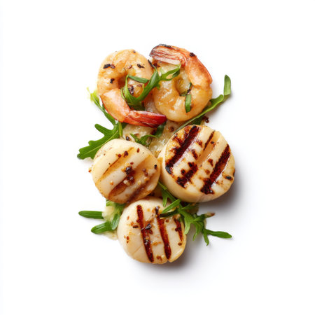 A stunning grilled seafood platter featuring succulent shrimp and perfectly seared scallops on a bed of fresh arugula, ideal for a gourmet meal.の素材