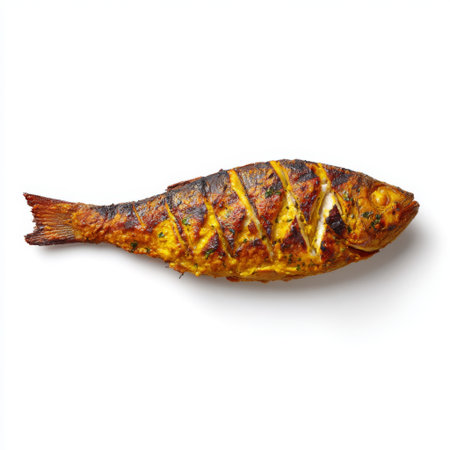 A beautifully grilled whole fish with crispy skin, presented on a clean white background. Ideal for culinary showcases, this dish embodies the essence of delicious seafood cuisine. Perfect for menus, cookbooks, and food-related projects.の素材