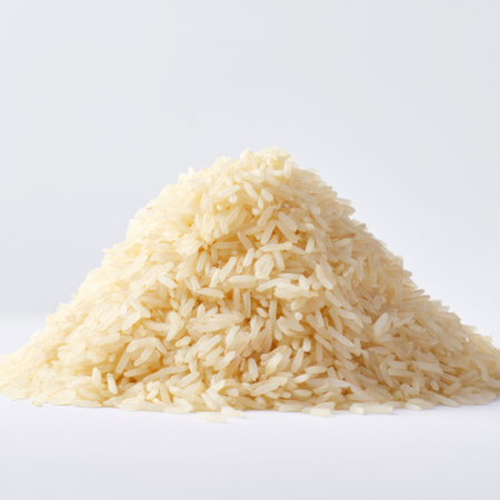 This image features a fine pile of uncooked white rice grains elegantly placed against a simple background. Ideal for food-related projects.の素材