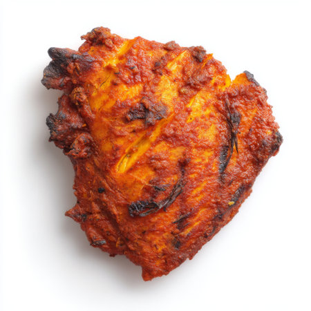 A beautifully grilled chicken breast marinated in a rich spicy sauce with delicious charred edges, perfect for gourmet presentations and culinary delights.の素材