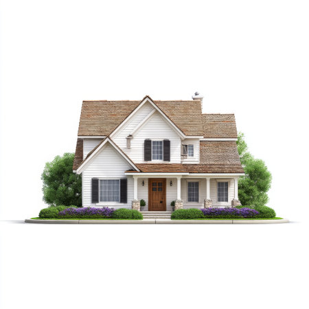 This captivating two-story house features a welcoming porch, colorful flower beds, and lush greenery, creating an inviting and serene atmosphere perfect for families.の素材