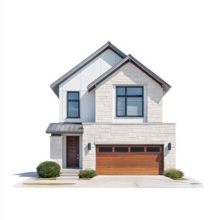 A stunning modern home showcasing a clean architectural style with a charming facade, large windows, and a welcoming entrance. This image captures the essence of contemporary living.の素材