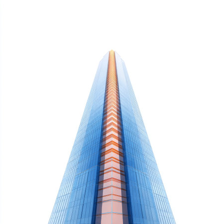 An impressive view of a modern skyscraper with unique architectural design, captured against a clear sky, showcasing its striking lines and glass facade.の素材