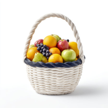 A beautifully arranged woven basket filled with an assortment of fresh fruits including apples, pears, grapes, oranges, and lemons. Perfect for healthy living.の素材