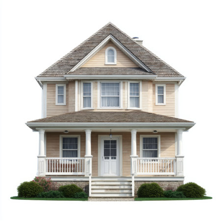 This image showcases a charming two-story house featuring a front porch and a warm exterior design. Surrounded by lush greenery, it represents suburban living.の素材