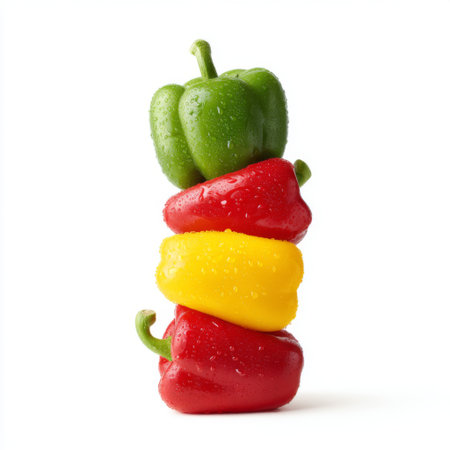 A stack of four colorful bell peppers, including green, red, yellow, and another red one, glistens with water drops on a clean white surface. This image captures the essence of fresh and nutritious ingredients, ideal for promoting healthy cooking and dietary practices. Perfect for food blogs, recipes, or nutrition-related content.の素材