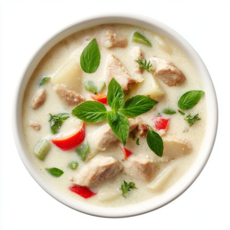 A mouthwatering bowl of creamy chicken soup, filled with tender pieces of chicken, fresh vegetables, and aromatic herbs, perfect for any meal.の素材