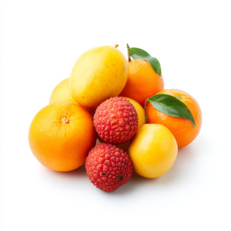 A stunning assortment of citrus and tropical fruits, featuring vibrant oranges, refreshing lemons, and unique lychees, ideal for promoting a healthy lifestyle.の素材