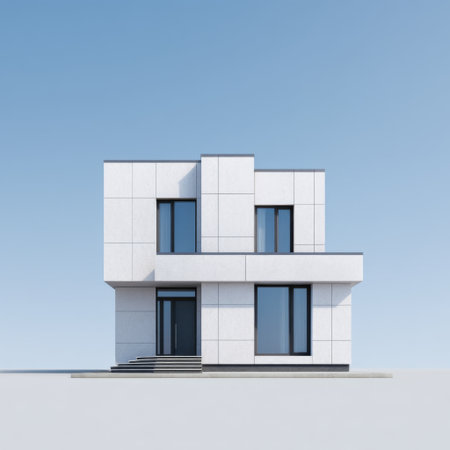 A striking modern building features a minimalist design with geometric shapes and large windows, set against a clear blue sky, embodying contemporary architecture.の素材