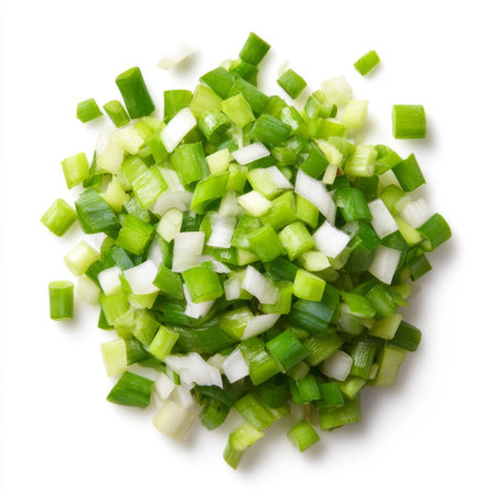 A vibrant heap of freshly chopped green onions, perfect for adding flavor and garnish to various dishes, highlighting healthy culinary options.の素材