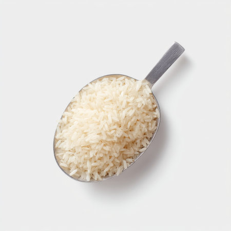 A close-up image of fresh uncooked white rice displayed in a silver measuring spoon against a clean white backdrop, ideal for cooking and dietary themes.の素材
