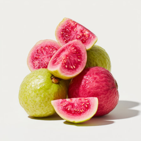 This image showcases a vibrant assortment of cut and whole guavas, highlighting their unique colors and textures against a clean background. Perfect for culinary or health-related projects.の素材