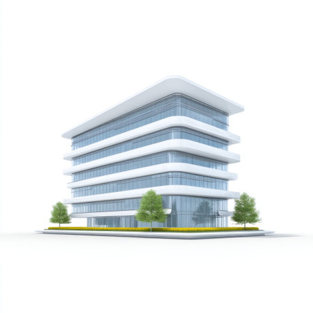 A striking image of a modern office building featuring a sleek design with clear glass windows and a minimalistic aesthetic, surrounded by lush greenery.の素材